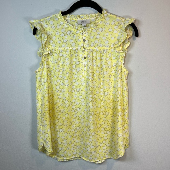 Loft Outlet Women's Sleeveless Floral Ruffle Half Button Blouse Top Yellow Small - Picture 1 of 14
